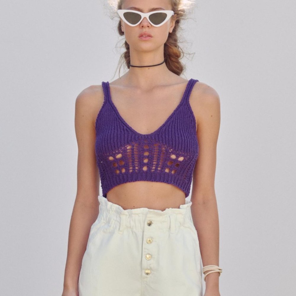 Zara Cotton Purple Crochet Sweater Knit Crop Tank Top Womens Size Small - Picture 1 of 7